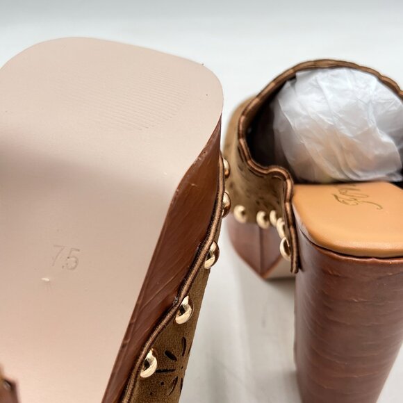 FOWT Tan Studded Round Toe Floral Cut Out Platform Mules Chunky Heel Sandals - Picture 6 of 8